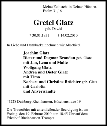 Traueranzeige von Gretel Glatz von Tageszeitung