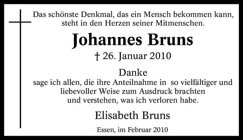  Traueranzeige für Johannes Bruns vom 06.02.2010 aus Tageszeitung