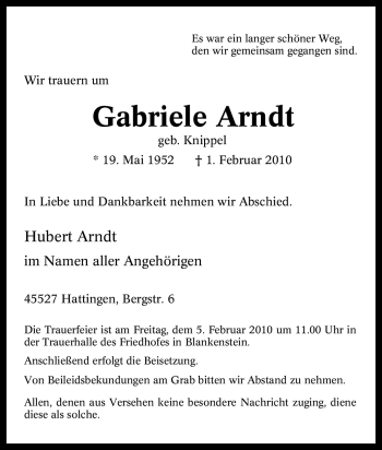 Traueranzeige von Gabriele Arndt von Tageszeitung