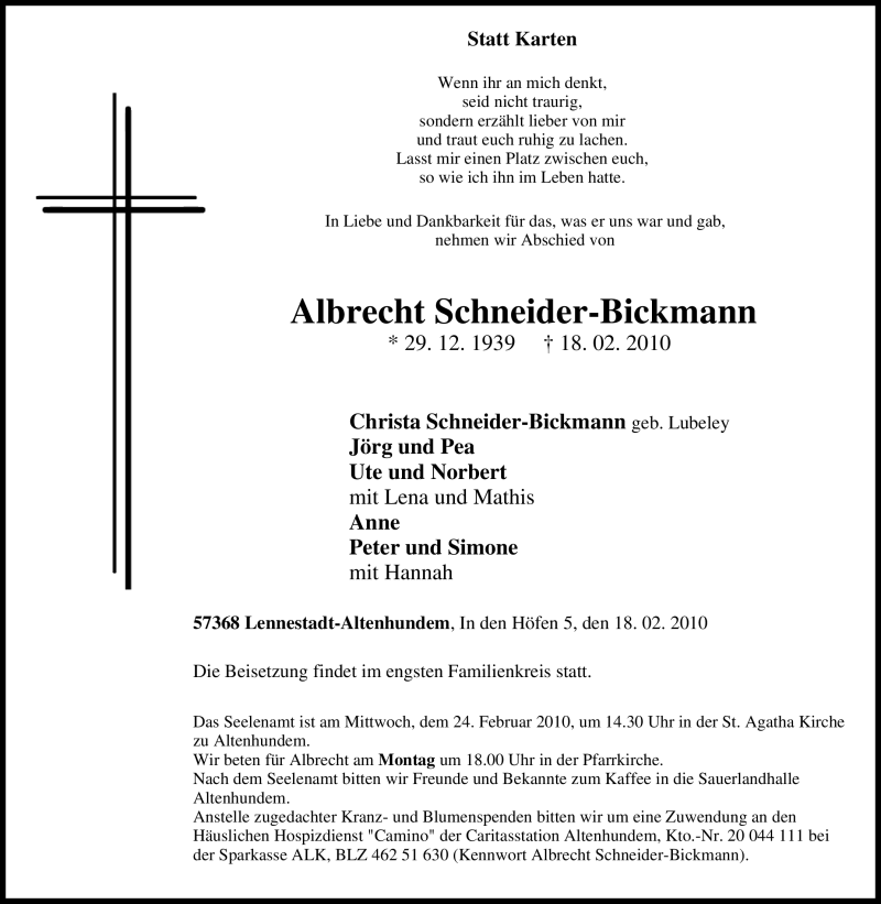  Traueranzeige für Albrecht Schneider-Bickmann vom 20.02.2010 aus Tageszeitung