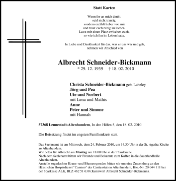 Traueranzeige von Albrecht Schneider-Bickmann von Tageszeitung