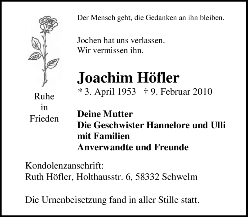  Traueranzeige für Joachim Höfler vom 27.02.2010 aus Tageszeitung