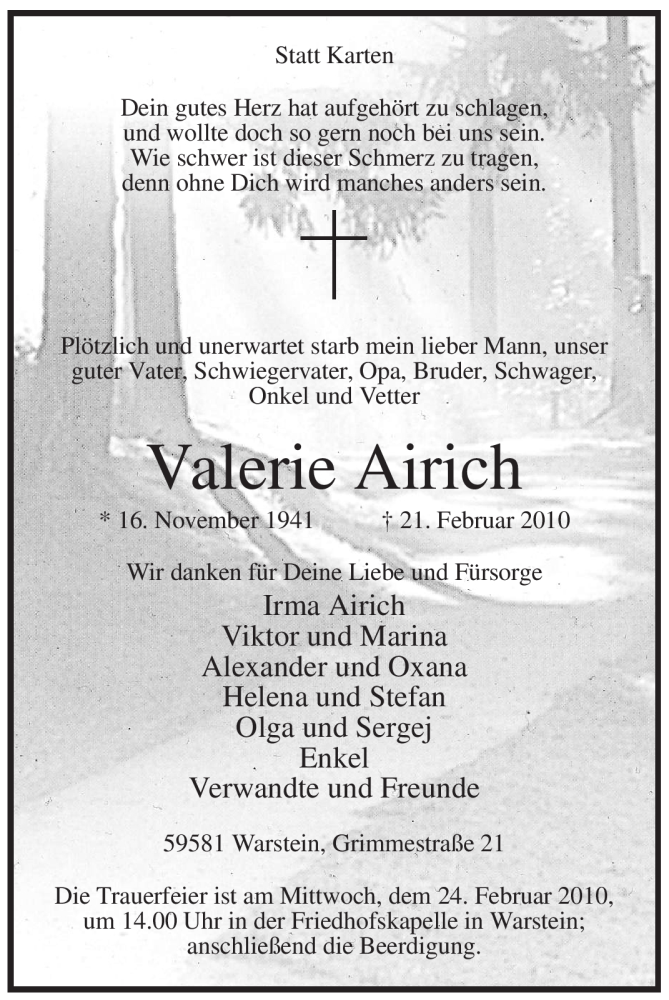  Traueranzeige für Valerie Airich vom 22.02.2010 aus Tageszeitung