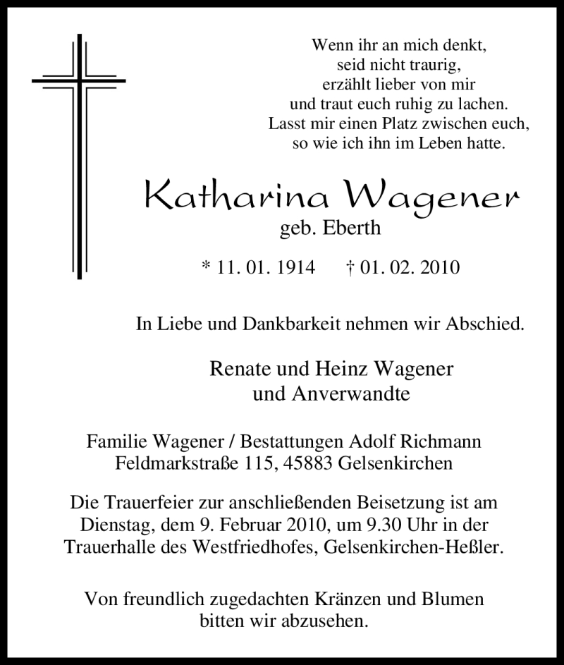  Traueranzeige für Katharina Wagener vom 03.02.2010 aus Tageszeitung