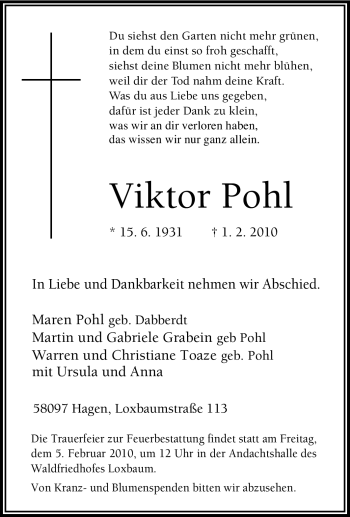 Traueranzeige von Viktor Pohl von Tageszeitung