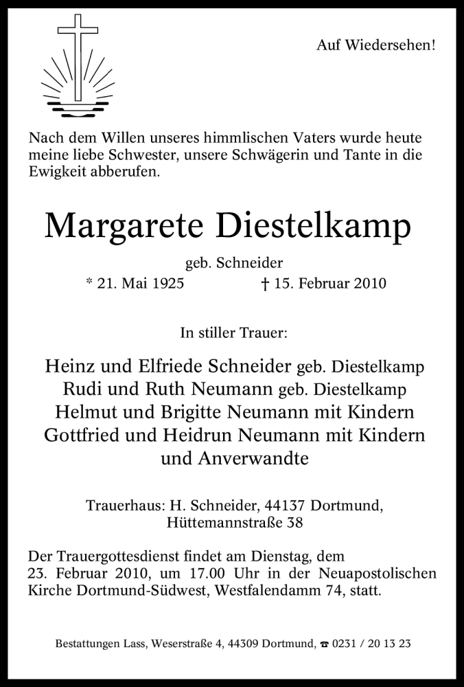  Traueranzeige für Margarete Diestelkamp vom 20.02.2010 aus Tageszeitung