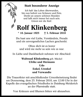 Traueranzeige von Rolf Klinkenberg von Tageszeitung