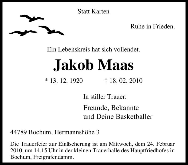  Traueranzeige für Jakob Maas vom 20.02.2010 aus Tageszeitung