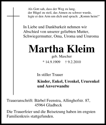 Traueranzeige von Martha Kleim von Tageszeitung