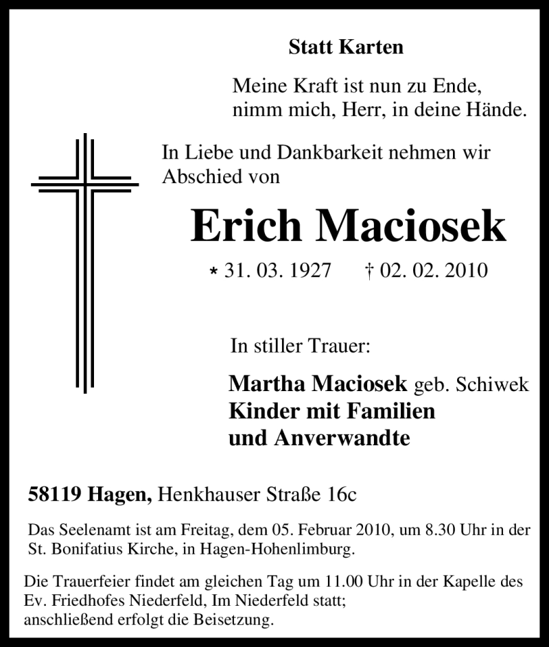  Traueranzeige für Erich Maciosek vom 03.02.2010 aus Tageszeitung