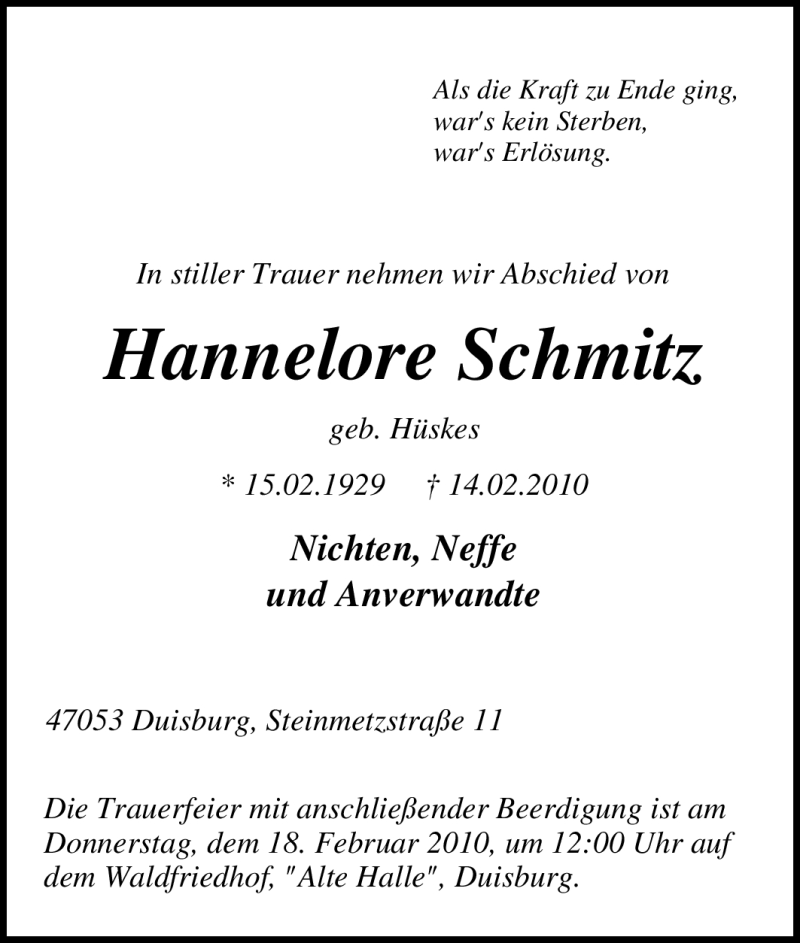  Traueranzeige für Hannelore Schmitz vom 17.02.2010 aus Tageszeitung