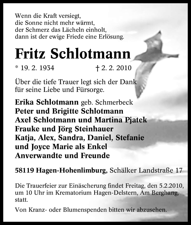  Traueranzeige für Fritz Schlotmann vom 03.02.2010 aus Tageszeitung