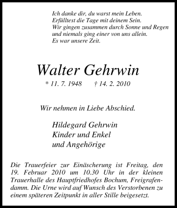 Traueranzeige von Walter Gehrwin von Tageszeitung