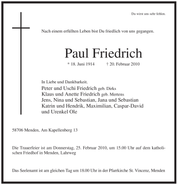 Traueranzeige von Paul Friedrich von Tageszeitung
