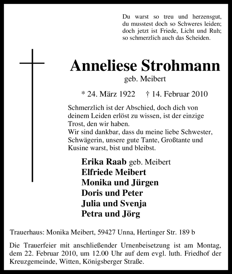  Traueranzeige für Anneliese Strohmann vom 17.02.2010 aus Tageszeitung