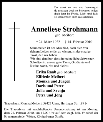Traueranzeige von Anneliese Strohmann von Tageszeitung