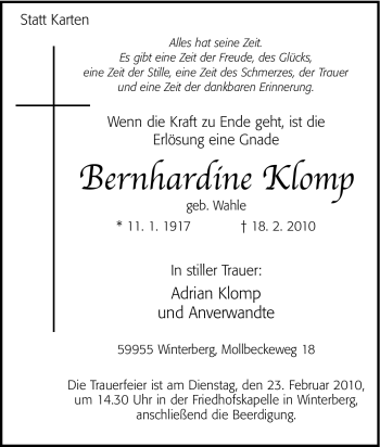 Traueranzeige von Bernhardine Klomp von Tageszeitung