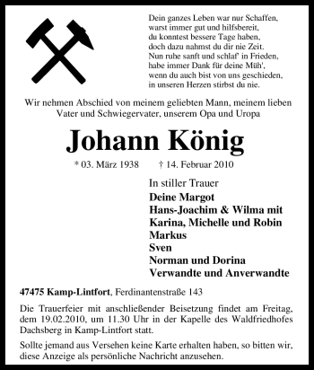 Traueranzeige von Johann König von Tageszeitung