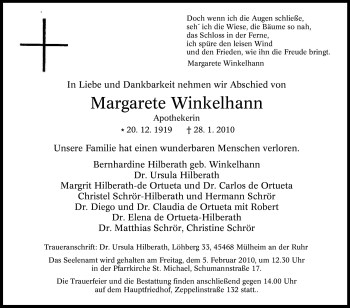 Traueranzeige von Margarete Winkelhann von Tageszeitung