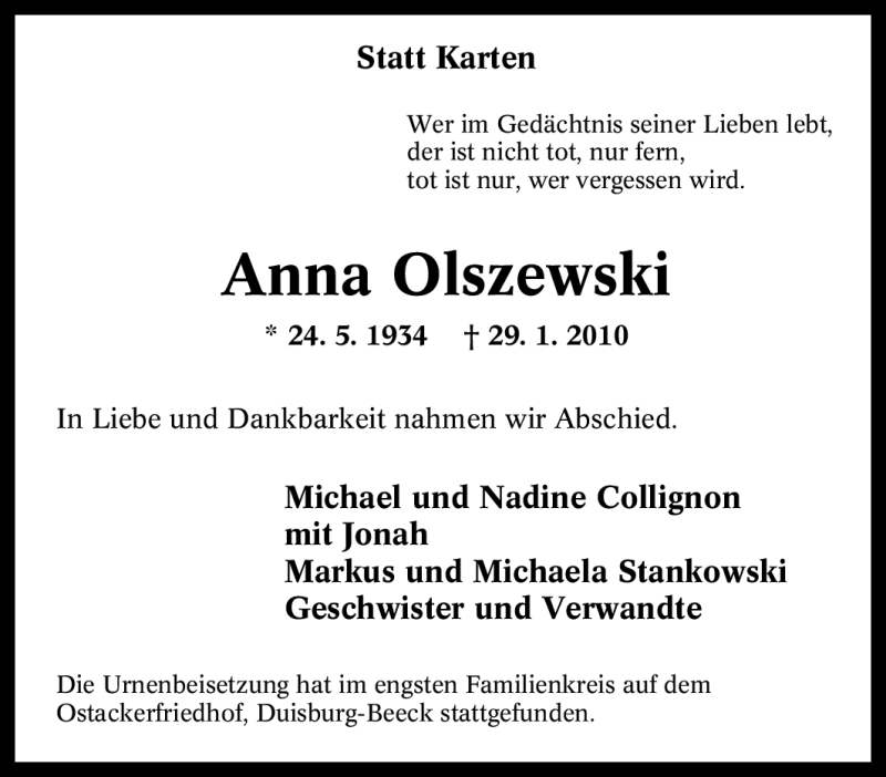  Traueranzeige für Anna Olszewski vom 10.02.2010 aus Tageszeitung