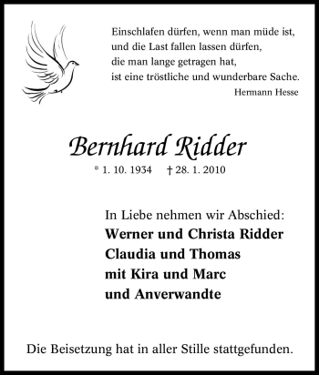 Traueranzeige von Bernhard Ridder von Tageszeitung