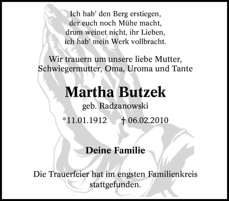  Traueranzeige für Martha Butzek vom 20.02.2010 aus Tageszeitung