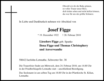 Traueranzeige von Josef Figge von Tageszeitung