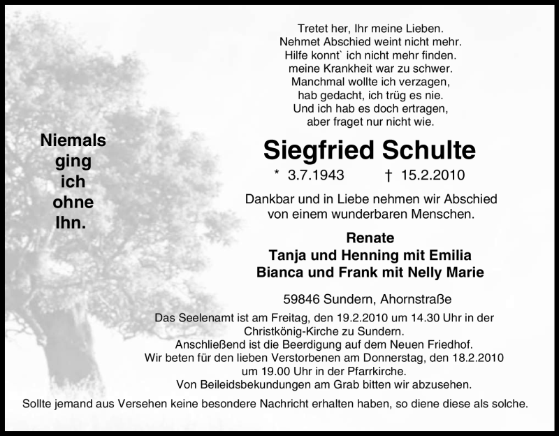  Traueranzeige für Siegfried Schulte vom 17.02.2010 aus Tageszeitung