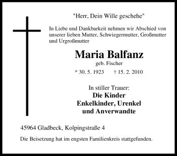 Traueranzeige von Maria Balfanz von Tageszeitung