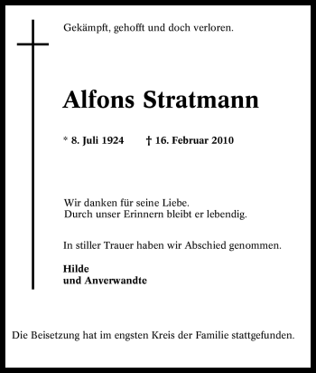 Traueranzeige von Alfons Stratmann von Tageszeitung