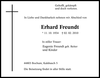 Traueranzeige von Erhard Freundt von Tageszeitung