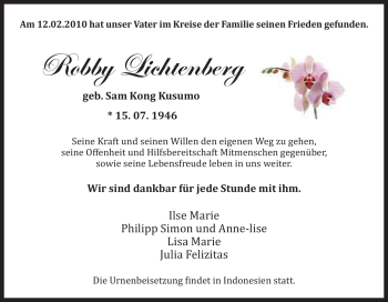 Traueranzeige von Robby Lichtenberg von Tageszeitung