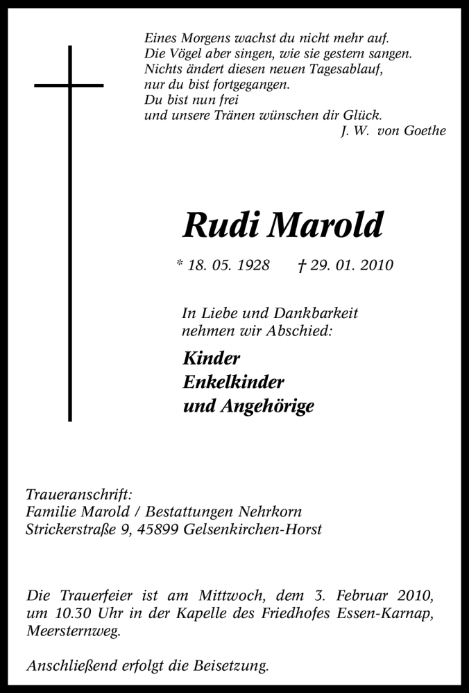 Traueranzeige für Rudi Marold vom 01.02.2010 aus Tageszeitung