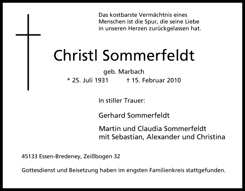  Traueranzeige für Christl Sommerfeldt vom 23.02.2010 aus Tageszeitung