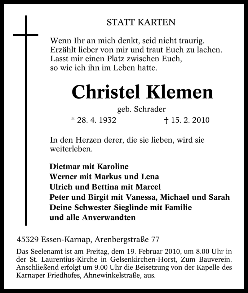  Traueranzeige für Christel Klemen vom 17.02.2010 aus Tageszeitung