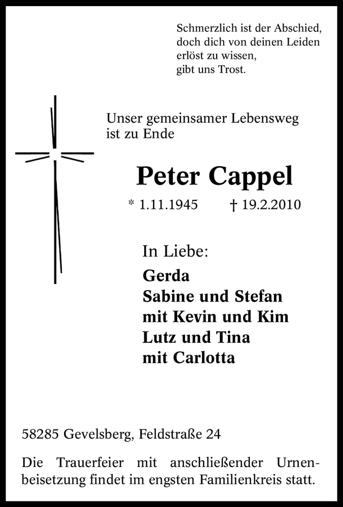  Traueranzeige für Peter Cappel vom 20.02.2010 aus Tageszeitung