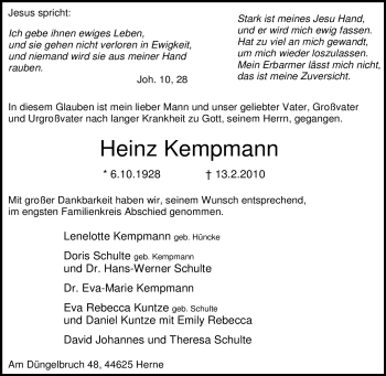 Traueranzeige von Heinz Kempmann von Tageszeitung