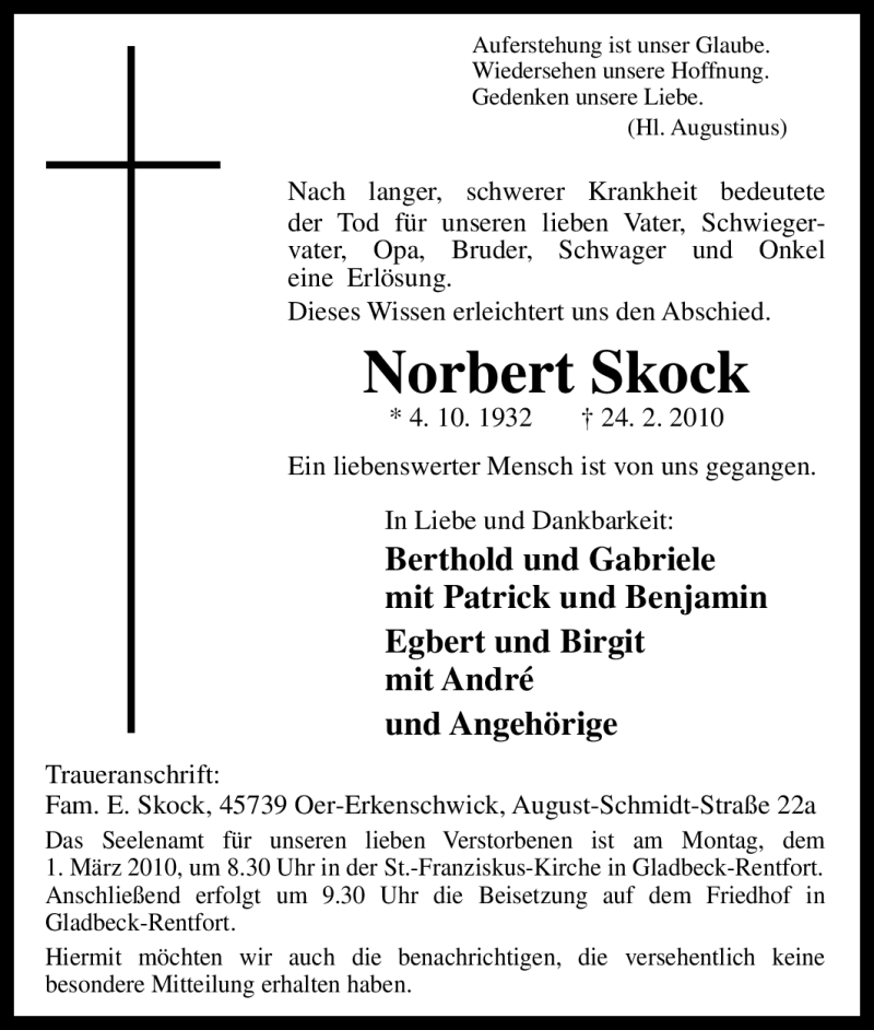  Traueranzeige für Norbert Skock vom 27.02.2010 aus Tageszeitung