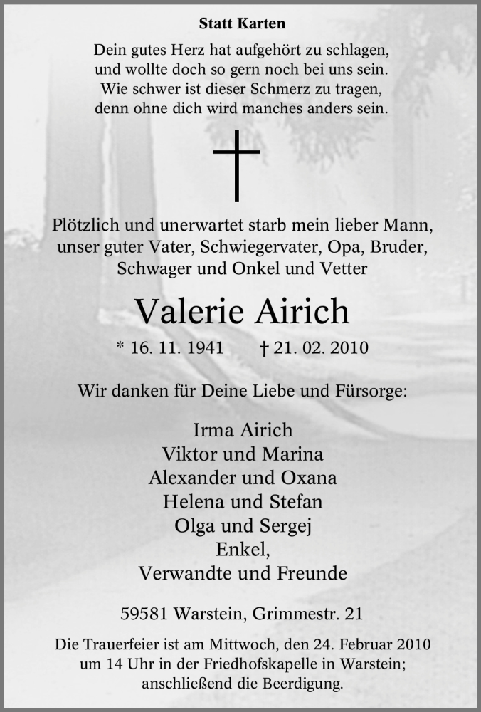  Traueranzeige für Valerie Airich vom 22.02.2010 aus Tageszeitung
