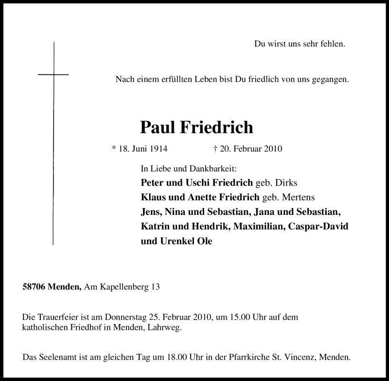  Traueranzeige für Paul Friedrich vom 22.02.2010 aus Tageszeitung
