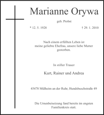 Traueranzeige von Marianne Orywa von Tageszeitung