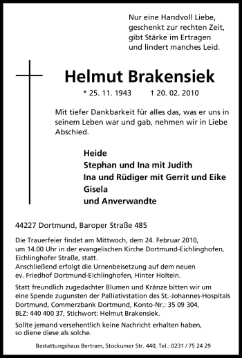 Traueranzeige von Helmut Brakensiek von Tageszeitung