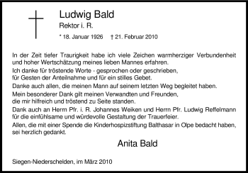 Traueranzeige von Ludwig Bald von Tageszeitung