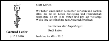 Traueranzeige von Gertrud Leder von Tageszeitung