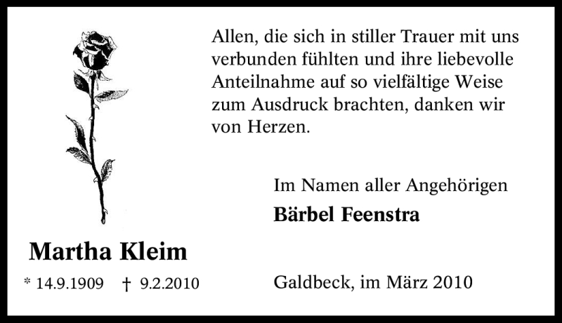  Traueranzeige für Martha Kleim vom 06.03.2010 aus Tageszeitung