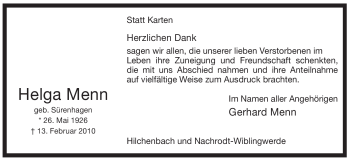 Traueranzeige von Helga Menn von Tageszeitung