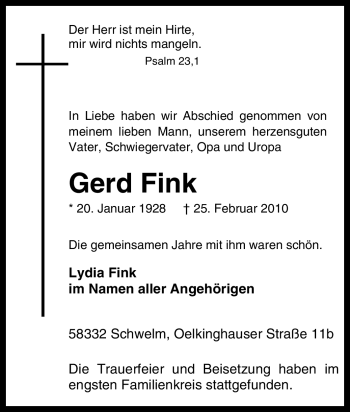 Traueranzeige von Gerd Fink von Tageszeitung