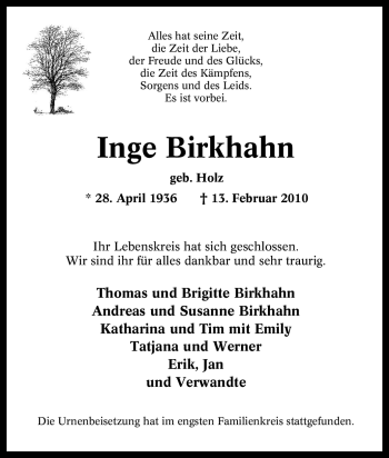 Traueranzeige von Inge Birkhahn von Tageszeitung