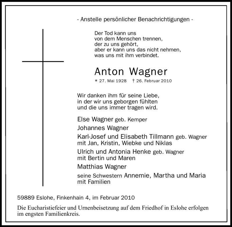  Traueranzeige für Anton Wagner vom 01.03.2010 aus Tageszeitung