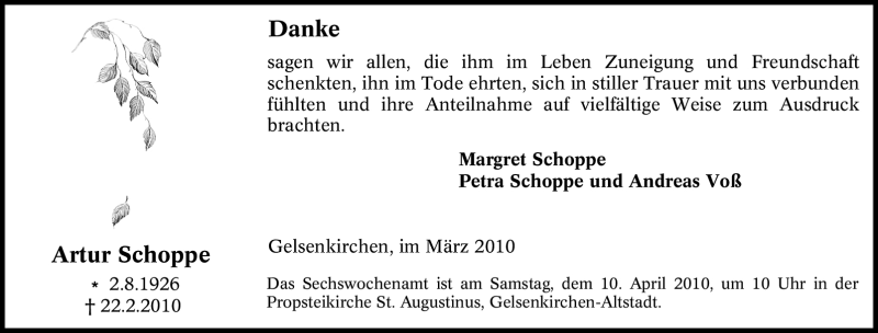  Traueranzeige für Artur Schoppe vom 27.03.2010 aus Tageszeitung